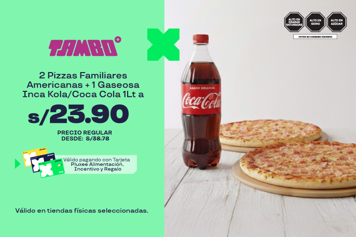 2 PIZZAS FAMILIARES AMERICANAS + 1 GASEOSA INCA KOLA/COCA COLA 1LT A S/23.90.PRECIO REGULAR DESDE: S/38.78.